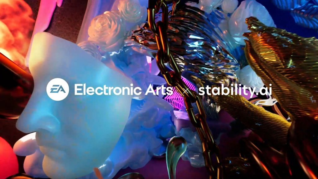 Gaming giant EA and Stability AI logos as the partners team up to create generative AI models and tools that can be used for 3D asset creation for games and other visual entertainment mediums.